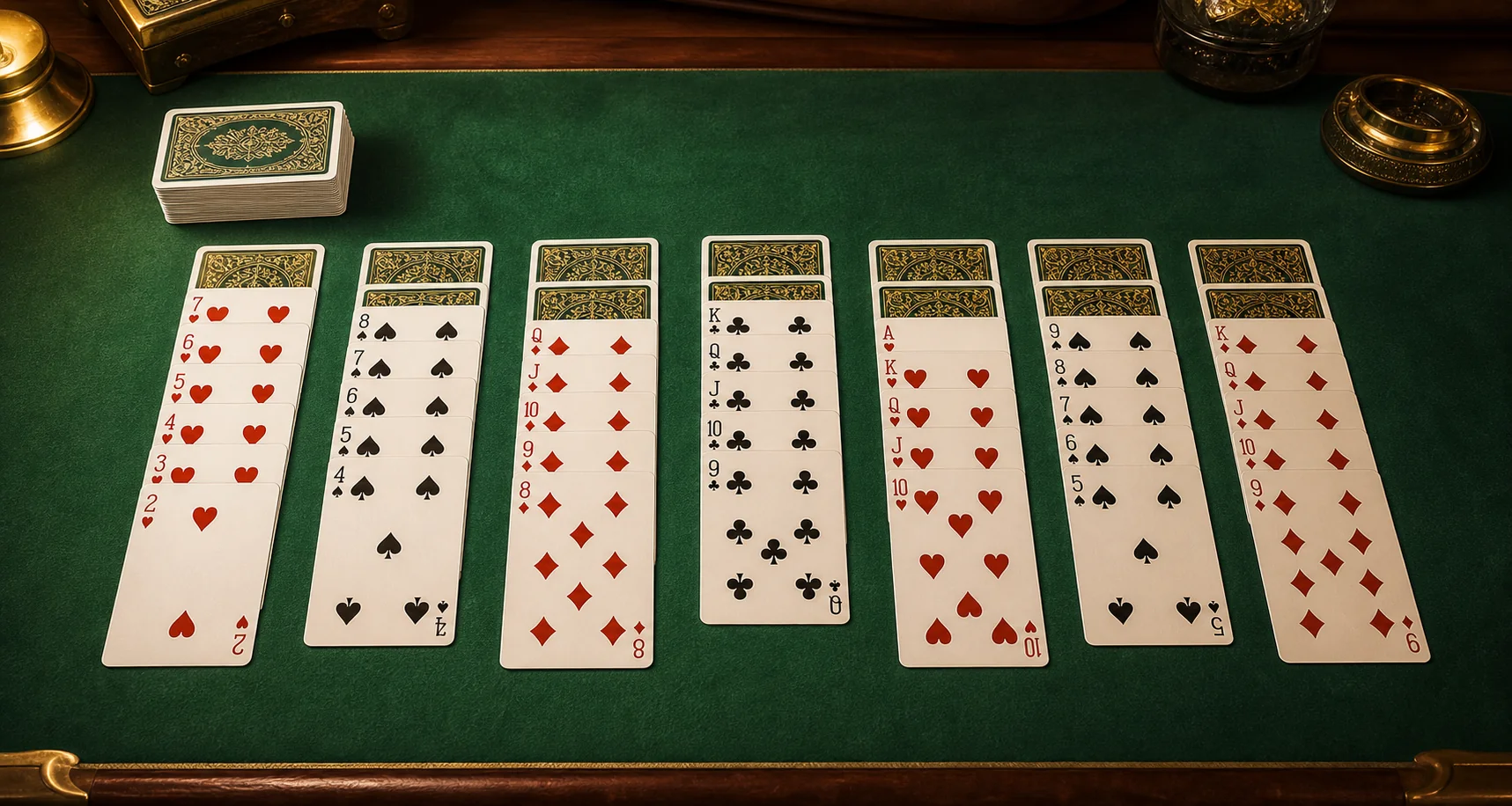 Scorpion Solitaire table with overlapping cards arranged in seven tableau columns
