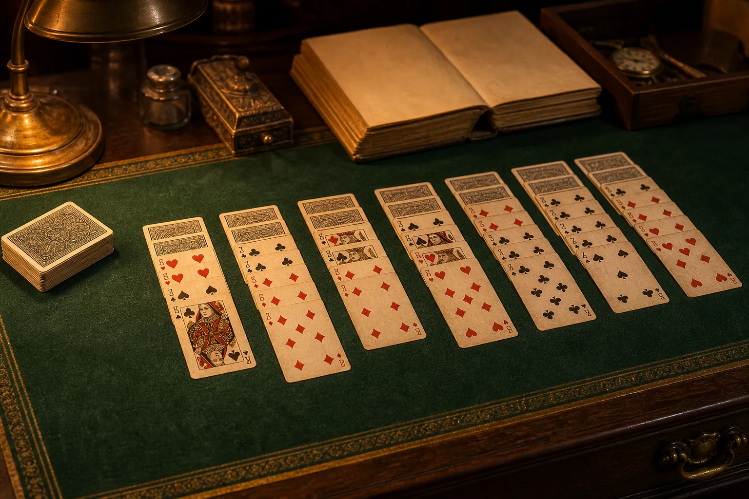 Vintage playing cards on a green felt table representing the history of Scorpion Solitaire