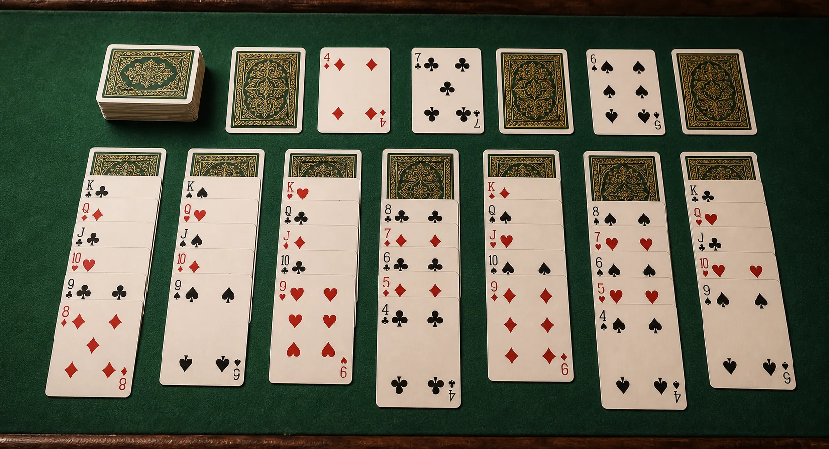 Difficult Scorpion Solitaire layout showing blocked columns and trapped cards
