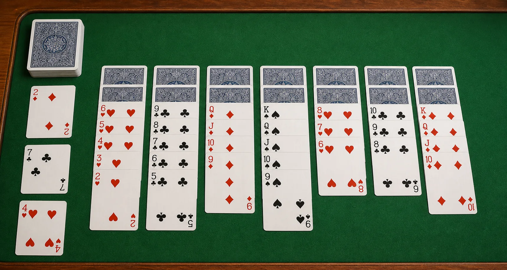 Scorpion Solitaire rules setup with seven columns and reserve cards
