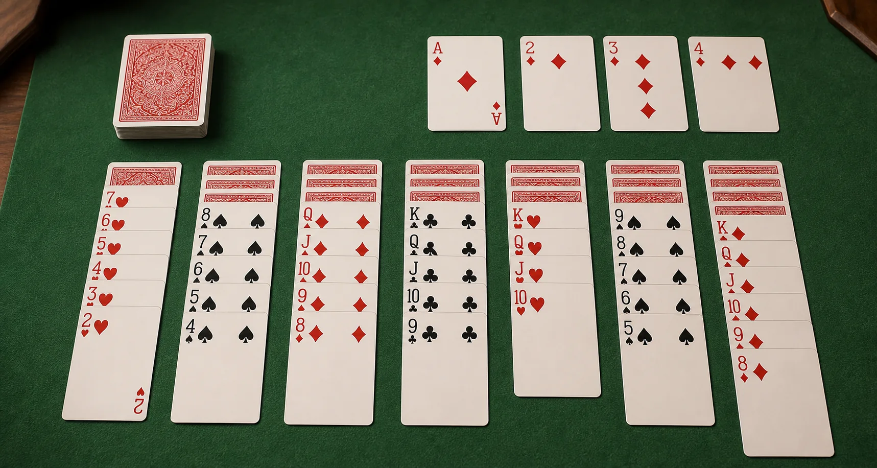 Scorpion Solitaire tableau showing same-suit card sequences on a green felt table